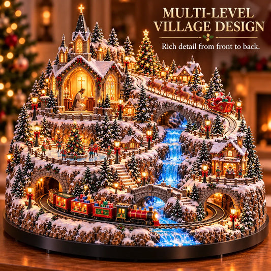 Toaimer® Lighted Animated Christmas Village with Train, Reindeer Sleigh & Waterfall ✨