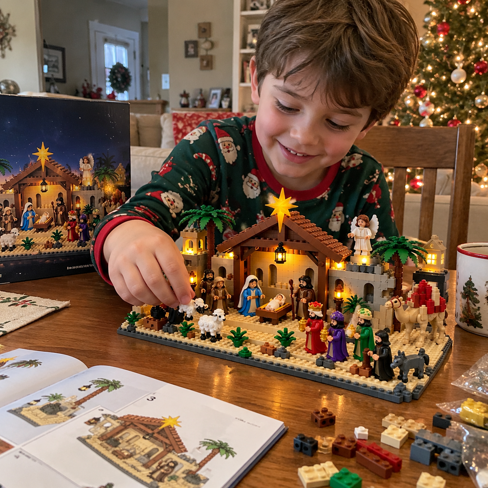 Child assembling a daily Nativity piece
