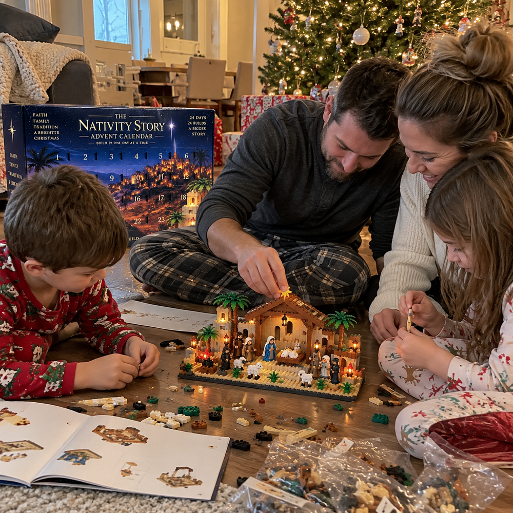 Family assembling the completed Nativity Advent Calendar together
