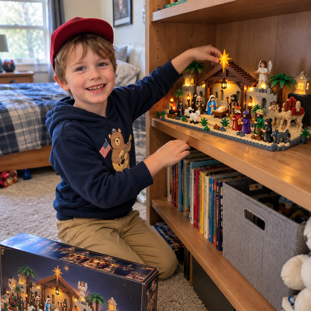 Finished Nativity build on a family shelf