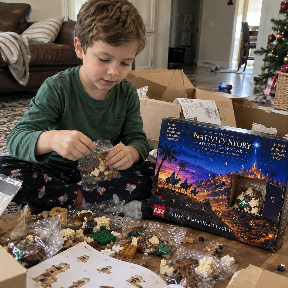 Child opening the Toaimer Nativity Advent Calendar