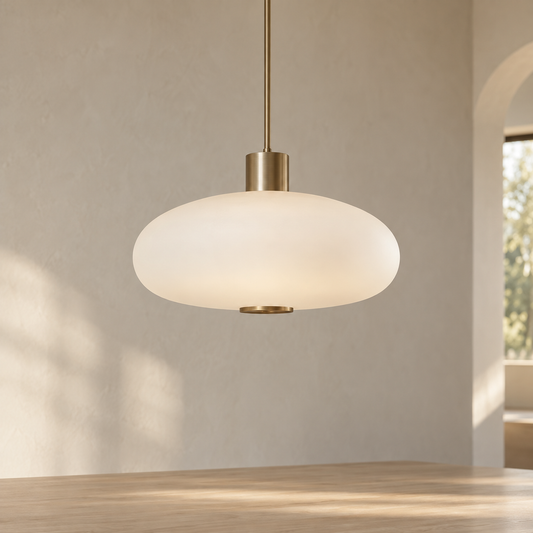 Vezra Halo Drift opaline pendant lamp in a warm neutral interior