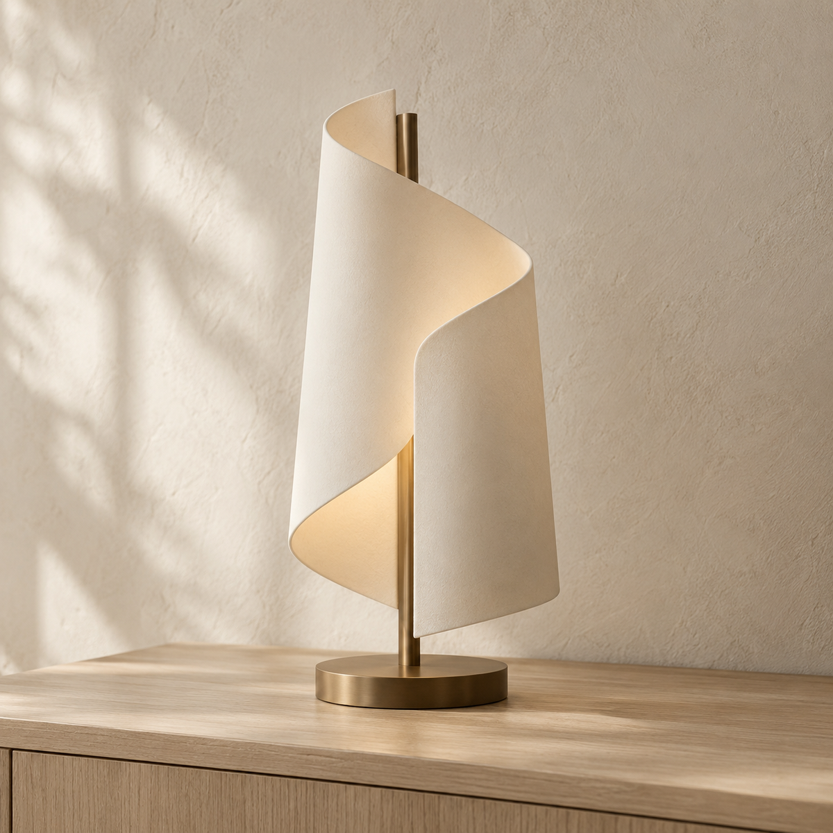 Vezra Lumen Fold sculptural table lamp in a warm neutral interior