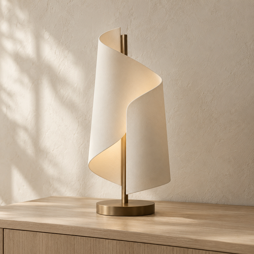 Vezra Lumen Fold sculptural table lamp in a warm neutral interior